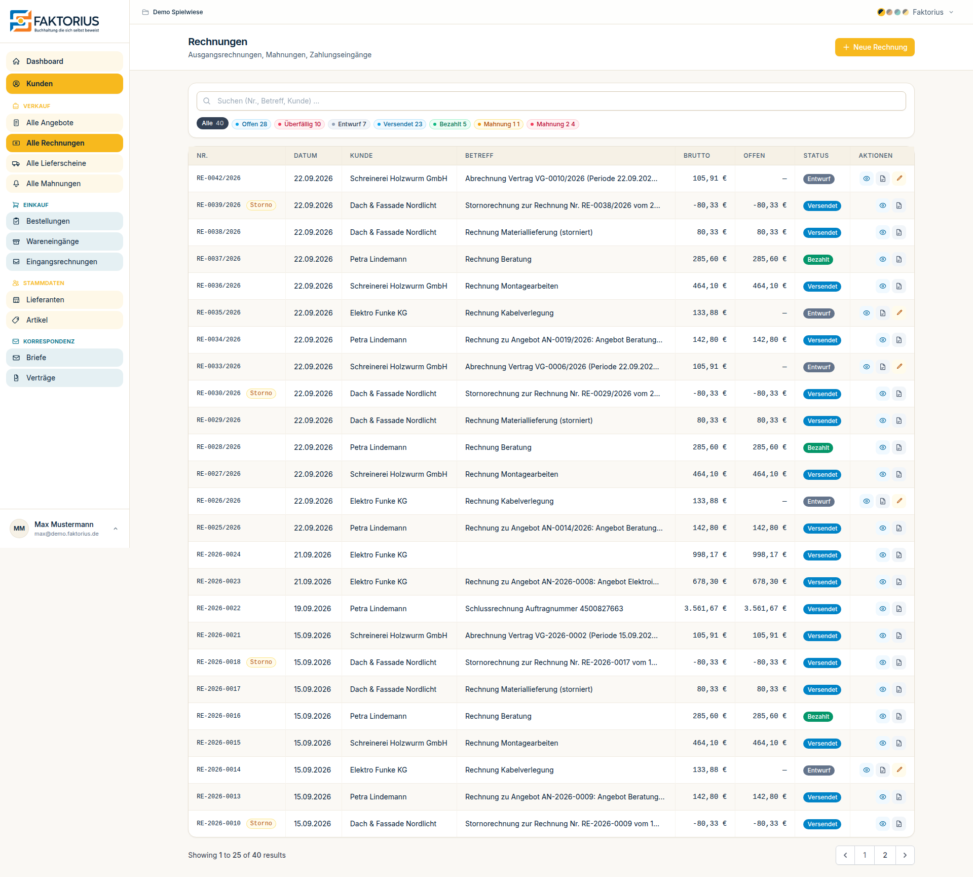 Rechnungsliste mit Nummern, Status Entwurf/Versendet/Bezahlt/Mahnung und Stornorechnungen