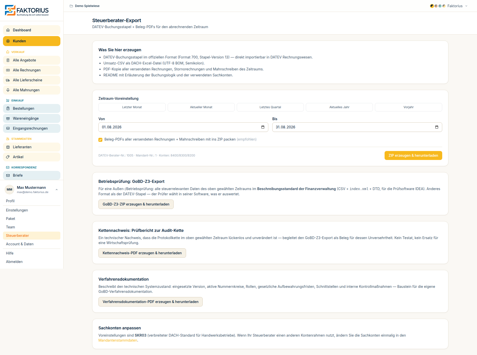 Steuerberater-Export-Seite mit DATEV-Buchungsstapel, Umsatz-CSV, Zeitraumauswahl und GoBD-Z3-Export für Betriebsprüfungen